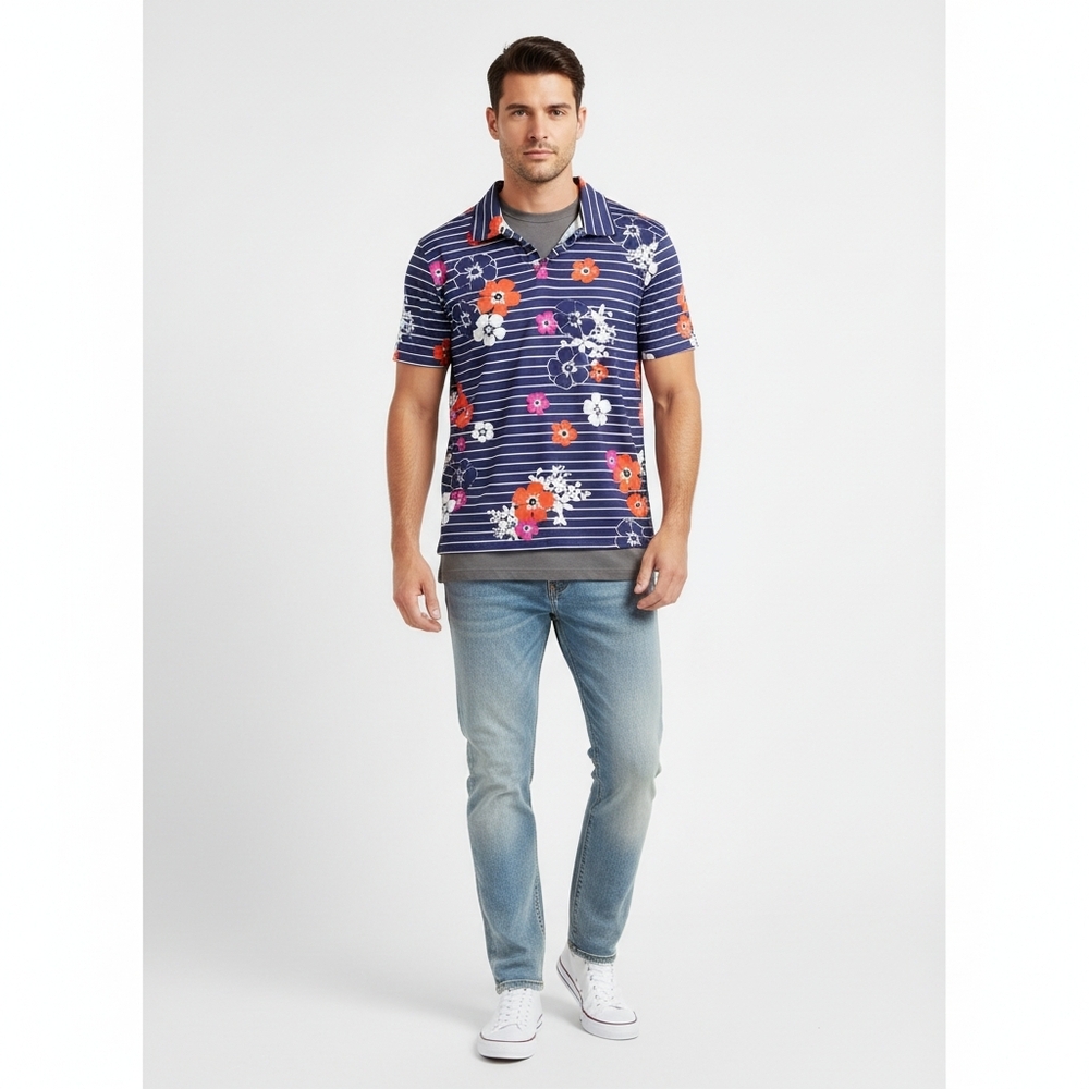 Proud 90 Men's Navy & White Floral Polo Shirt Size M Short Sleeve